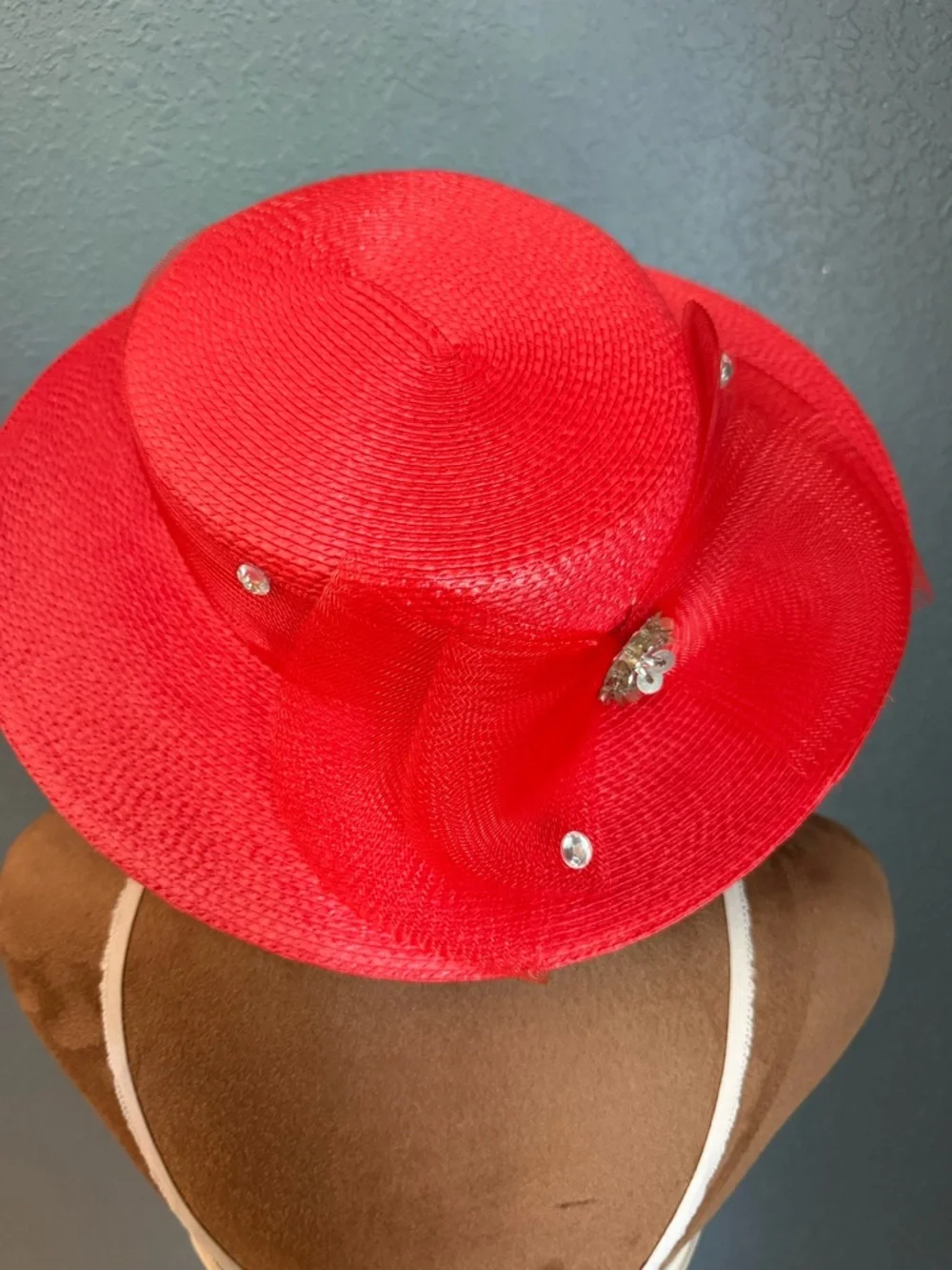 Red Decorative Wide-Brim Straw Hat rhinestones mash, bow Derby red hat Society